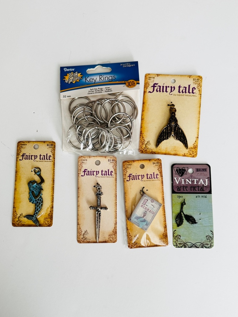 Lot #10 Fairy Tale & Mixed Metal Charms and Key Rings Set - Silver, Bronze, Teal